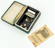 Bakony borotvapenge-élező készülék, leírással, kopott, sérült dobozában, 9x14x4 cm