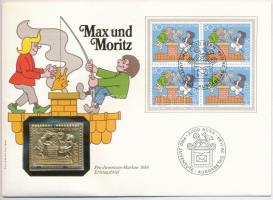 Svájc 1984. "Max und Moritz" aranyozott jelzett Ag bélyegérem, érmés borítékban, bélyeggel, elsőnapi bélyegzéssel (0.999) T:1  Switzerland 1984. "Max und Moritz" gilt, hallmarked Ag stamp-shaped commemorative medallion in coin envelope with stamp and FDC cancellation (0.999) C:UNC