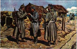 Drei Waffenbrüder in einem serbischen Dorf / WWI German and Austro-Hungarian K.u.K. military art postcard, soldiers in a Serbian village s: A. Lüschwitz-Koreffski