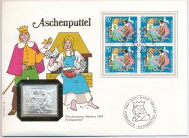 Svájc 1985. Aschenputtel jelzett Ag bélyegérem, érmés borítékban, bélyeggel, elsőnapi bélyegzéssel (0.999) T:1 Switzerland 1985. Aschenputtel hallmarked Ag stamp-shaped commemorative medallion in coin envelope with stamp and FDC cancellation (0.999) C:UNC