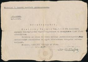 1945. febr. 27. Miskolc, a miskolci 7. honvéd kerületi parancsnokság által kiadott nyílt parancs, hátoldalán román és orosz nyelvű fordítással, kissé sérült