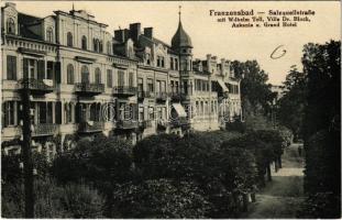 Frantiskovy Lázne, Franzensbad; Salzquellstraße mit Wilhelm Tell, Villa Dr. Bloch, Askania u. Grand Hotel / street view, villas, hotel
