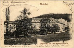 1905 Marianske Lazne, Marienbad; Stefansplatz und untere Kreuzbrunnstrasse / square, street, hotel. Verlag v. Josef Schmied