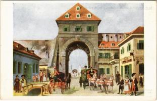 Budapest V. A hatvani városkapu. 1780-ból való olajfestmény után. Műemlékek Országos Bizottsága III. sorozat (EK)