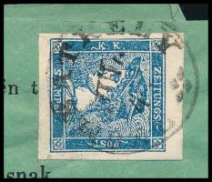 Newspaper stamp Type IIIb dark blue cut with large margins, on full wrapper! Rarely seen, beautiful ...