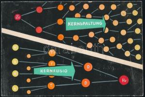 Henter János (?-): Kernspaltung, Kernfusio, retro plakát- vagy reklámterv, tempera, papír, 1959 körül, hátoldalán jelzett és dátummal feliratozott, jobb oldalán sérült, 9x13 cm