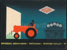 Mogürt retro prospektus terv részlete traktorral, tempera, papír, jelzés nélkül, 1960 körül, hátoldalán feliratozott, 10x13 cm