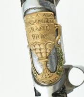 Régi bicikli vázrész, nyaktáblával, rajta felirat: "Grand Prix". Kopott, 30x16cm