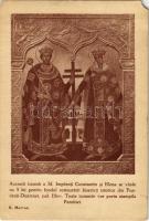 Fundeni, Aceasta icoana a Sf. Imparati Constantin si Elena se vinde cu 5 lei pentru fondul restaurarii bisericii istorice din Fundenii-Doamnei, jud. Ilfov. Toate icoanele vor purta stampila Parohiei / icon of Holy Emperor Constantine and Empress Helena, church restore fund + "1940 Bánffyhunyad visszatért" So. Stpl. (EK)