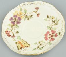 Zsolnay pillangó mintás mokkás csésze és alj, kézzel festett, enyhén kopott aranyozás, jelzett