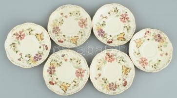 Zsolnay pillangó mintás 6 személyes mokkás készlet. Kézzel festett, jelzett, apró kopásokkal