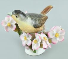 Herendi porcelán madár virágokon, kézzel festett, jelzett, restaurált, m: 8 cm