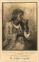 In lumea amintirilor. Galeria maestilor Romani. Fotoglob Cartea Romaneasca / Romanian folklore art postcard, old Gypsy woman smoking a pipe s: P. Bulgaras (fl)