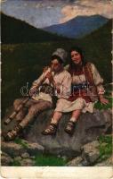 1932 Idill a havasok között / Idyll auf den Bergen / Transylvanian folklore art postcard, idyll in the mountains s: Vastagh (fa)