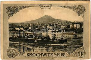 Decín, Bodenbach, Tetschen; Krochwitz a. Elbe, Elbansicht / Chrochvice / riverside, steamship. Art Nouveau, floral (r)