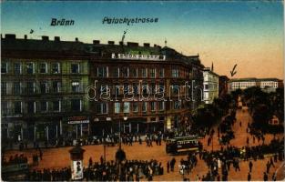 Brno, Brünn; Palackystrasse / street, Egon Huber, tram, Dr. Pollak, Emil Czech, shops (EK)