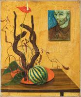 Lázár Sándor (1916-1994): Csendélet van Gogh portréval. Olaj, farost, jelzés nélkül, hátoldalán feliratozott. Apró felületi sérülésekkel. 60x50 cm. Kissé sérült fa keretben. Soós Imre (1921-2013), műgyűjtő, művészeti író, a Kisgrafika folyóirat szerkesztője, a Magyar Nemzeti Galéria Baráti Köre alelnökének hagyatékából.