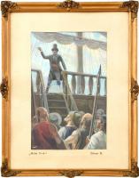 Dörner jelzéssel: Moby Dick illusztráció (fedélzeten). Tempera, papír. Dekoratív, üvegezett fa keretben, 29×18 cm