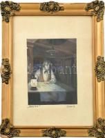 Dörner jelzéssel: Moby Dick illusztráció (kajütben). Tempera, papír. Dekoratív, üvegezett, sérült fa keretben, 22,5×17,5 cm