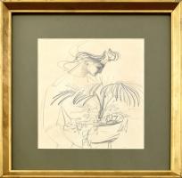 Weintrager Adolf (1927-1987): Hölgy virággal. Ceruza, papír, jelzés nélkül, hátoldalán feliratozott. Üvegezett fa keretben, 24×20,5 cm