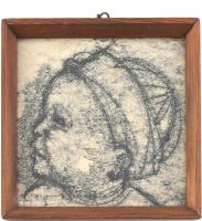 Kreitz Károly (1935k.-?): Sapkás kisgyerek portréja. Kréta, papír, jelzés nélkül. Üvegezett fa keretben, 15×15 cm