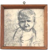 Kreitz Károly (1935k.-?): Kisgyerek portréja. Szén, papír, jelzés nélkül. Üvegezett fa keretben, 15×15 cm