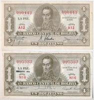 Bolívia 1928. 1B + 1928. 1B Emision 1952 felülbélyegzéssel T:I Bolivia 1928. 1 Boliviano + 1928. 1 Boliviano with Emision 1952 overprint C:UNC Krause P#128a, P#128c