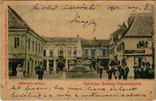 1902 Székelyudvarhely, Odorheiu Secuiesc; Millennium szobor, Hodor Károly üzlete. Dragomán cég kiadása / Millennium monument, shops (EB)