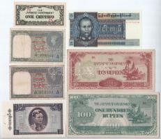 Burma / Japán megszállás 1942-1944. 10R + 100R + Burma 1945. 1R (indiai bankjegy Military Administration of Burma felülbélyegzéssel) + 1947. 1R (indiai bankjegy Burma currency board felülbélyegzéssel) + 1965. 1K + 1973. 5K + Fülöp-szigetek / Japán megszállás 1942. 1c T:I-III Burma / Japanese occupation 1942-1944. 10 Rupees + 100 Rupees + Burma 1945. 1 Rupee (Indian banknote with Military Administration of Burma overprint) + 1947. 1 Rupee (Indian banknote with Burma currency board overprint) + 1965. 1 Kyat + 1973. 5 Kyat + Philippines / Japanese occupation 1942. 1 Centavo C:UNC-F