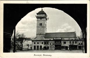 1939 Rozsnyó, Roznava; Rákóczi őrtorony irredenta szöveggel, Hulyop, Varjú, Baffy, Ujházy, Puskás András üzlete, piac. Özv. Dr. Mariska Györgyné kiadása / watchtower with Hungarian irredenta propaganda, shops, market (EK)