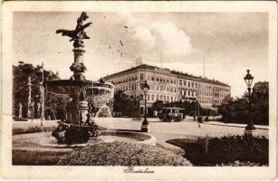 1924 Pozsony, Pressburg, Bratislava; Hotel Savoy szálloda, villamos, szökőkút / hotel, tram, fountain (fa)