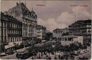 Budapest VIII. Kálvin (Calvin) tér, 35-ös és 7-es villamosok, Takarékpénztár, az egykori Báthory Kávéház a Kecskeméti utca és Múzeum körút sarkán, Neuman László üzlete, Nemzeti Múzeum, Gyógyszertár