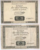 Franciaország 1792. 10L Assignata (2x) vízjellel és szárazpecséttel, az egyik erősen restaurált T:III,IV France 1792. 10 Livres Assignat (2x) with watermark and embossed stamp, one pc restored C:F,G