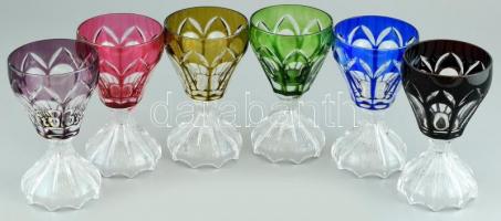 6 db színes kristály pohár, apró csorbákkal, m: 15 cm