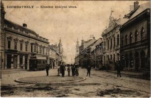 1907 Szombathely, Erzsébet királyné utca, villamos, Café Elite kávéház, Hellinger, Hoffmann Samu és Fiai, Grünhut, Kiss üzlete (ázott / wet damage)