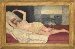 Antal Lóránd (1903-1975): Fekvő női akt, 1935. Olaj, vászon, jelzett, sérült. Dekoratív, kissé sérült korabeli fa keretben, 60×100 cm