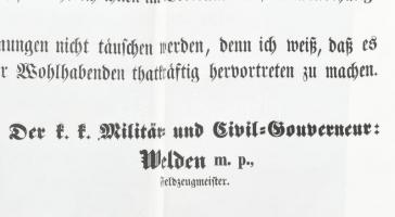 1850 Welden tábornagy felhívása Bécs ostrománál és az olasz háborúban megsérült katonák segélyezésér...