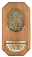 Szent Terézt ábrázoló plakettel díszített fa szenteltvíztartó üveg betéttel, h: 16,5 cm