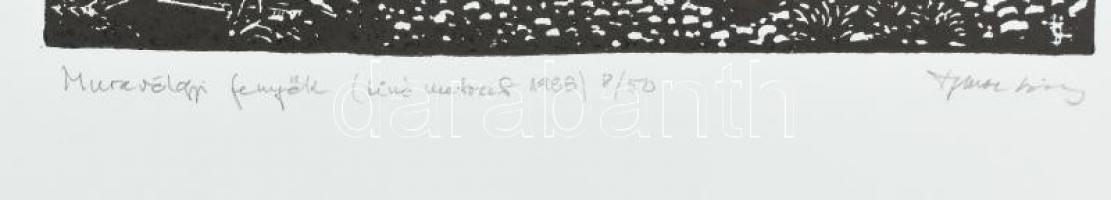 Olvashatatlan jelzéssel: Muravölgyi emlék. Linómetszet, papír. Számozott: 8/50. 27×17,5 cm. Soós Imr...