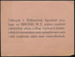 1944 Felhívás előfizetőkhöz, hogy a sárga csillagot viselők árverésen nem vásárolhatnak