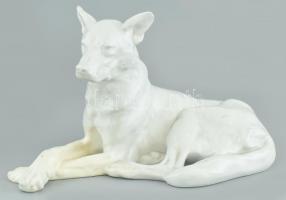 Herendi kutya szobor. Fehér mázas, jelzett, javított. 29x18 cm