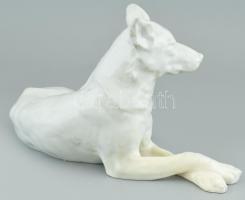 Herendi kutya szobor. Fehér mázas, jelzett, javított. 29x18 cm