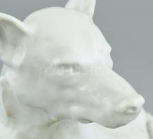 Herendi kutya szobor. Fehér mázas, jelzett, javított. 29x18 cm