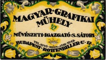 Magyar Grafikai Műhely reklámlapja. Művészeti igazgató S. Sátori. Budapest VII. Rottenbiller utca 17. / Hungarian Graphic Workshop's advertisement card (13,4 cm x 7,2 cm) (EK) (non PC)