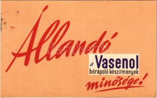 1948 Állandó a Vasenol bőrápoló készítmények minősége! Szilágyi gyógyszervegyészeti laboratórium / Hungarian skin care product advertisement card (EK)