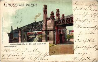 1900 Wien, Vienna, Bécs; Stadtbahn-Brücke über die Wien und Wientalbahn (Sechshausergürtel) / railway bridge, urban railway, locomotive. Xylographisches Atelier C. Binder (worn corners)