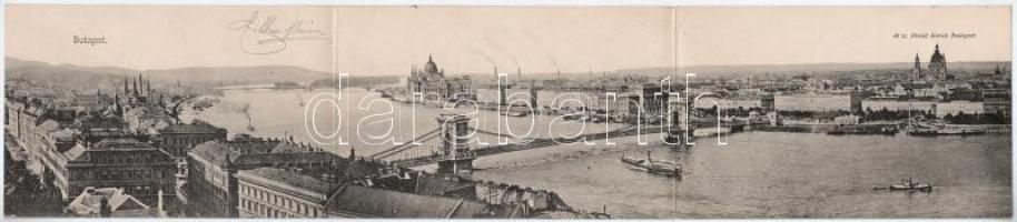 1902 Budapest, Lánchíd, Dunai látkép. Divald Károly 49. sz. 3-részes kihajtható panorámalap / 3-tiled folding panoramacard + BUDAPEST - GYULA-FEHÉRVÁR 5. SZ. C vasúti mozgóposta bélyegző