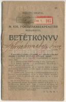~1920. M. Kir. Postatakarékpénztár Budapesten kitöltött betétkönyv, bélyegzésekkel, kopottas állapotban