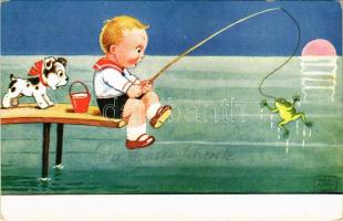 1936 Children art postcard, boy with frog. WSSB 5059. s: John Wills (EK)