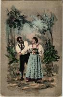 Lady art postcard, romantic couple, flirting, folklore s: Ernst (EK)